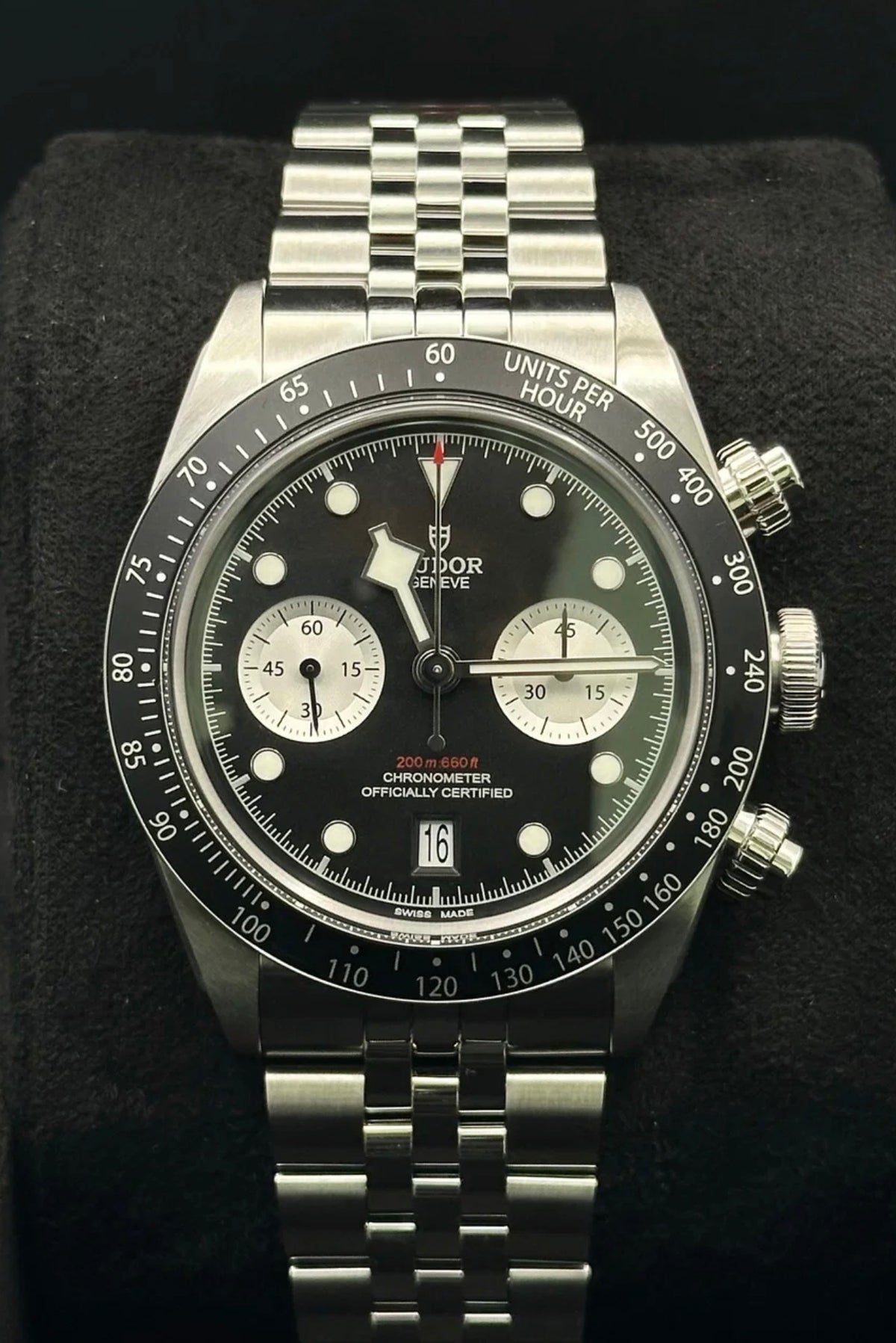 Tudor Black Bay Chrono Reverse Panda M79360N-0013 front view with black dial and silver counters