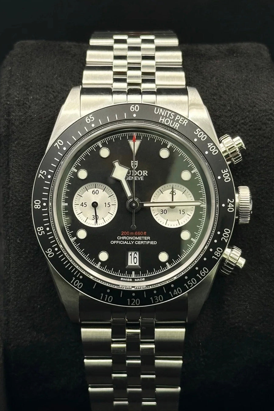 Tudor Black Bay Chrono Reverse Panda M79360N-0013 front view with black dial and silver counters