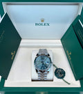 Rolex Datejust 41 Mint Green Dial Jubilee 126334, front view inside an open Rolex presentation box with green seal