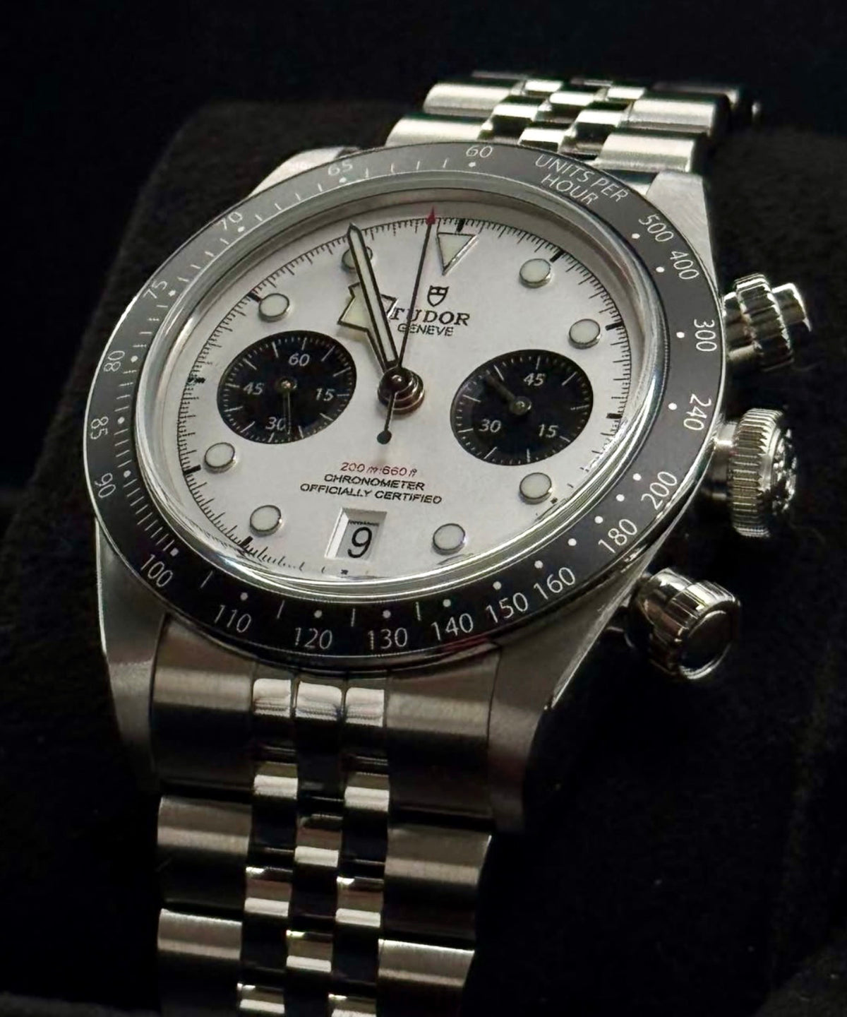 Tudor Black Bay Chrono Panda M79360N-0014 angled dial, tachymeter bezel and crown
