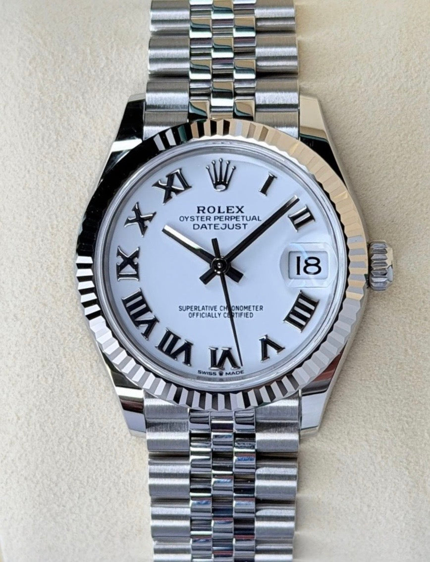 Rolex Datejust 31 White Roman Dial Jubilee Bracelet 278274, straight-on front view with the Jubilee bracelet