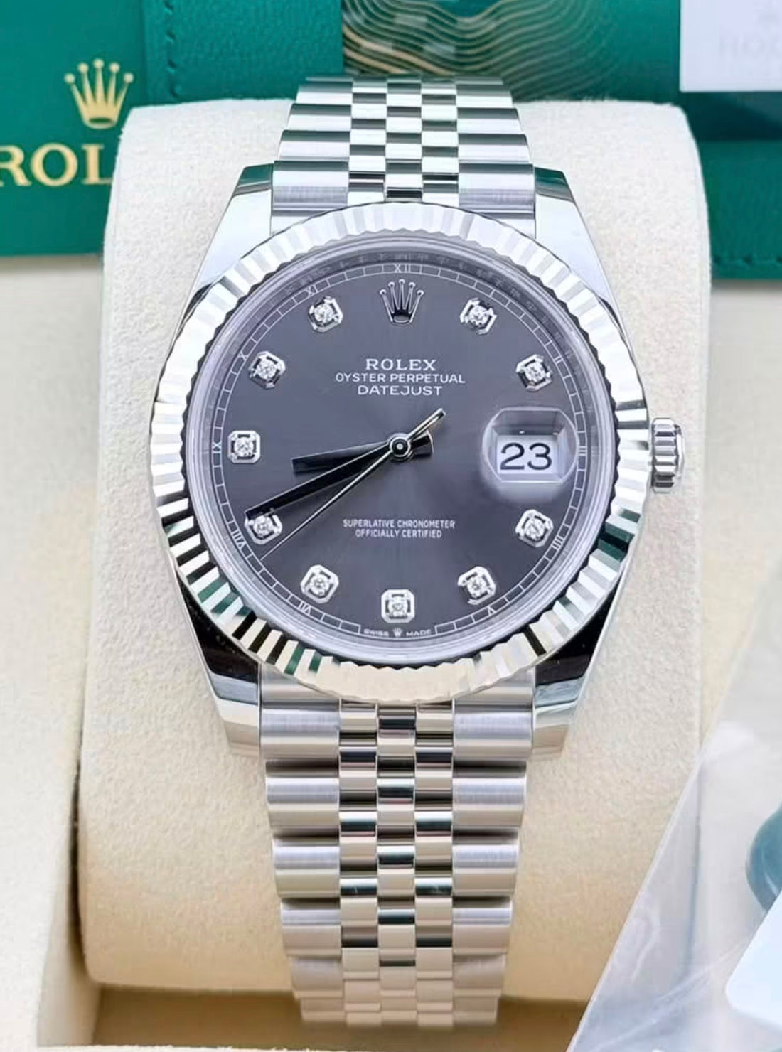 Rolex Datejust 41 126334 White Rolesor, slate diamond dial on Jubilee bracelet, straight-on front view on a display cushion