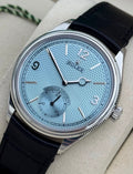 Rolex 52506 platinum with ice-blue dial, angled front close-up from crown side