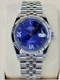 Front view of the Rolex Datejust 36 126234 showing its aubergine sunray dial, diamond VI and IX numerals and Cyclops date lens.