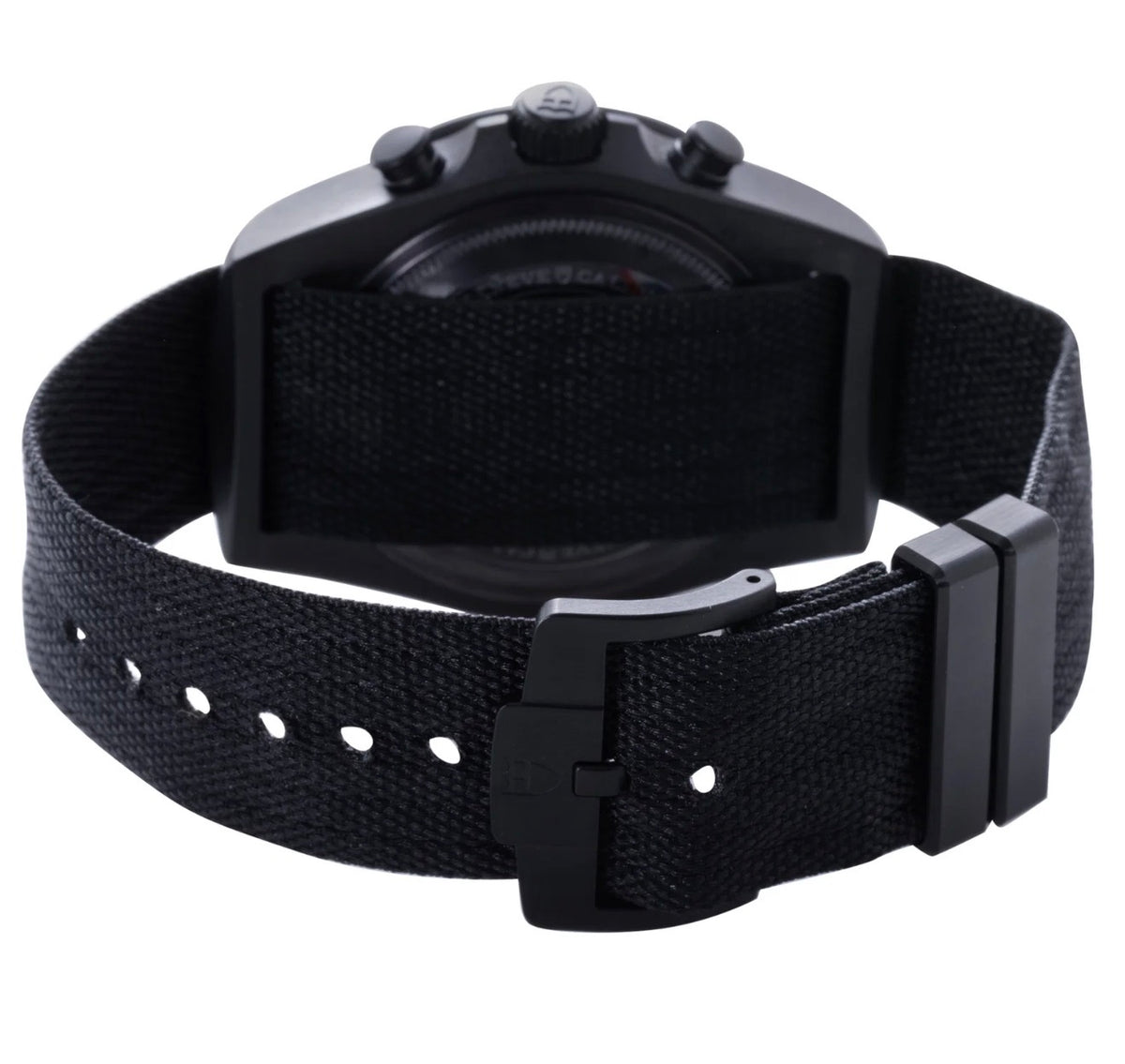Tudor Pelagos FXD Chrono Cycling Edition M25827KN-0001, black case, dial and fabric strap, fabric strap, caseback and clasp view