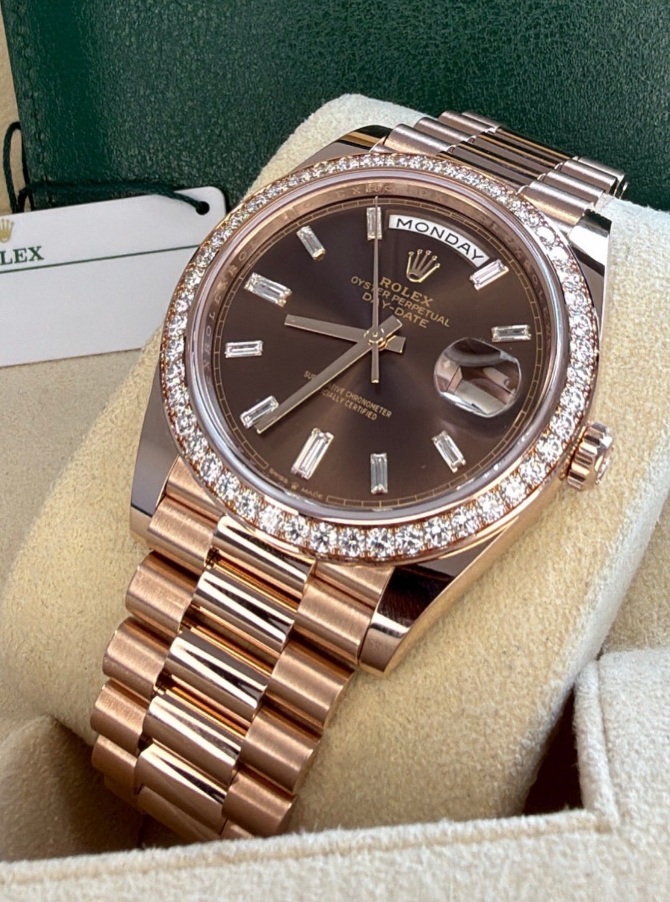 Rolex Day-Date 40 Chocolate Baguette Dial Factory Diamond Bezel 228345RBR