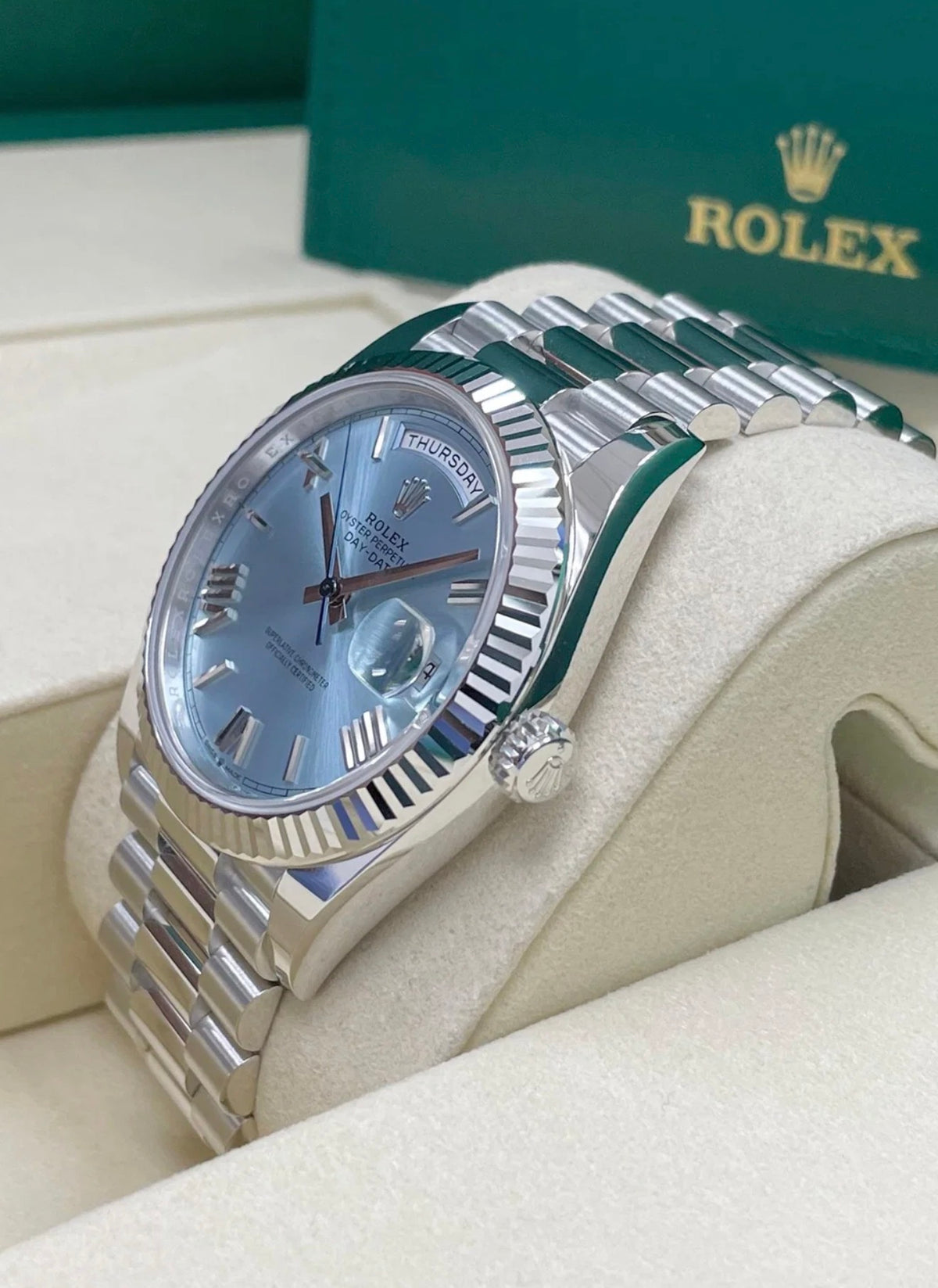 Rolex Day-Date 40 228236 ice-blue Roman dial, three-quarter front view