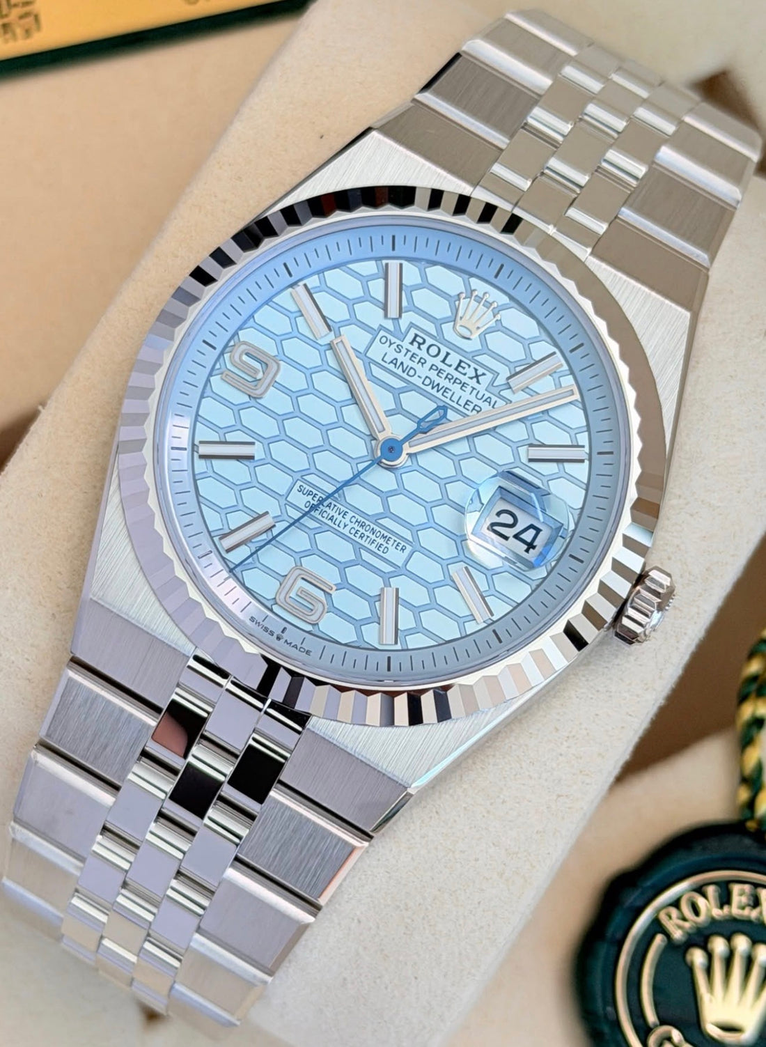 Rolex Land-Dweller 40 Platinum Ice Blue Honeycomb Motif Dial Flat Jubilee Bracelet 127336 Unworn 2026