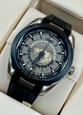 Angled front view of the Omega Aqua Terra Worldtimer highlighting its world map dial and city ring