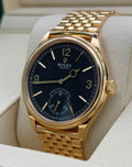 Rolex reference 52508 intense black dial in yellow gold on Settimo bracelet, angled front view