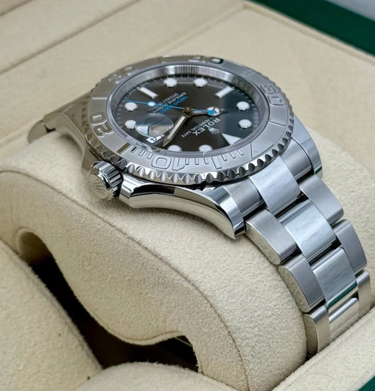 Rolex Yacht-Master 40 ref. 126622 with slate dial, platinum bezel and Oyster bracelet, low left-angled front view