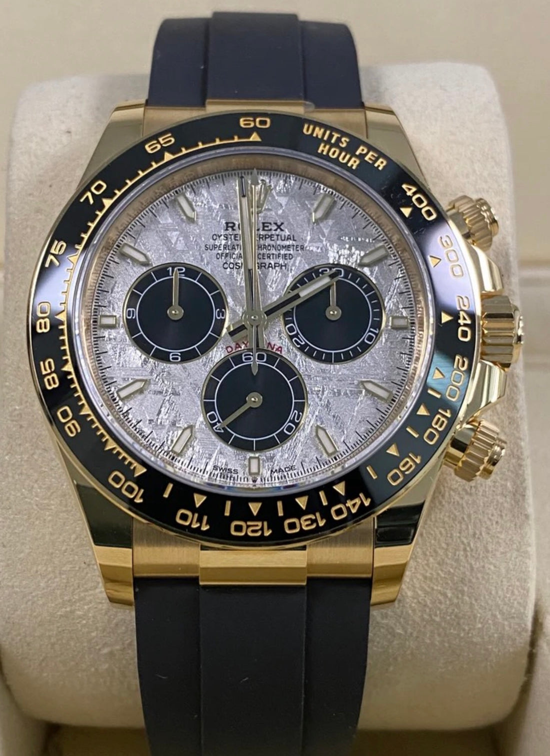Rolex Cosmograph Daytona 126518LN in yellow gold with meteorite dial, black counters and Oysterflex bracelet, front view
