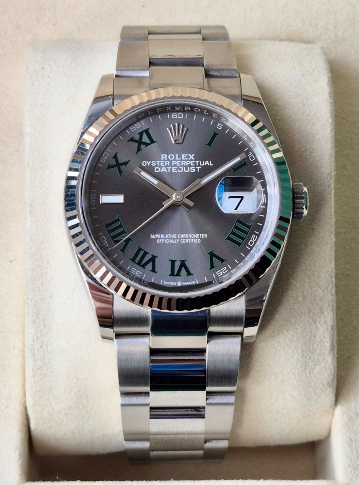 Rolex Datejust 36 126234 White Rolesor, Wimbledon dial on Oyster bracelet, straight-on front view