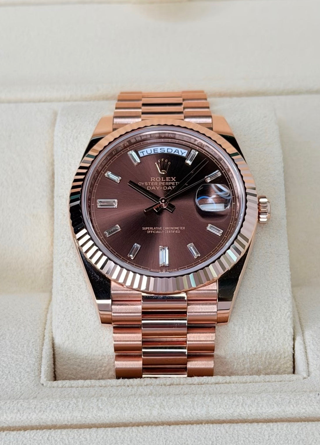 Rolex Day-Date 40 228235 chocolate baguette dial, front view in presentation box