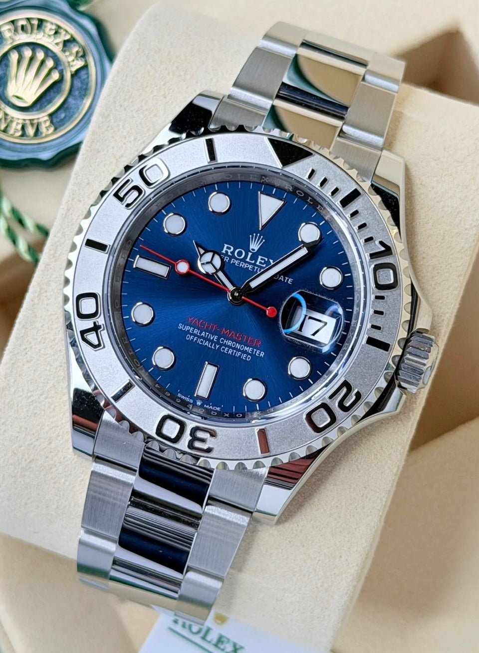 Rolex Yacht-Master 40 ref. 126622 with blue dial, platinum bezel and Oyster bracelet, left three-quarter front view