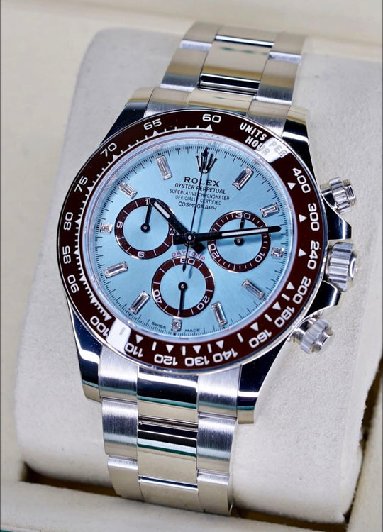 Rolex Cosmograph Daytona 126506 in platinum with ice-blue diamond-set dial, front view