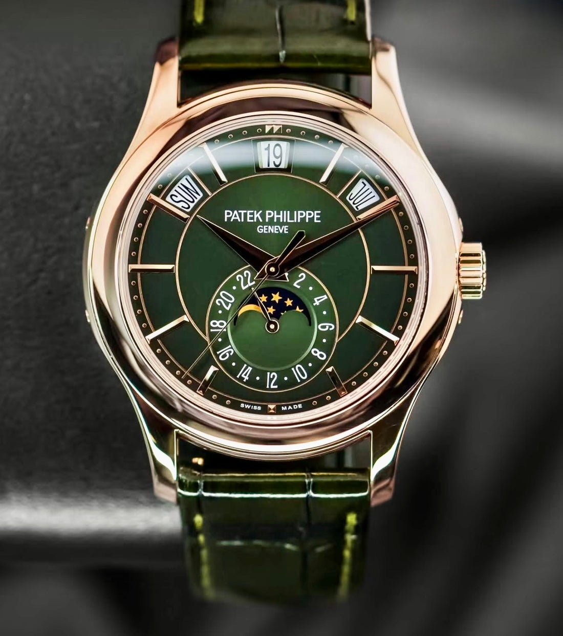 Patek Philippe Annual Calendar 5205R-011 in rose gold with olive-green dial and green alligator strap, full straight-on front view