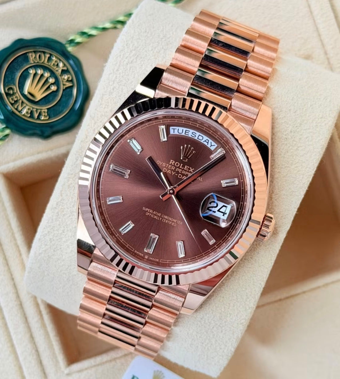 Rolex Day-Date 40 228235 chocolate baguette dial, three-quarter front view