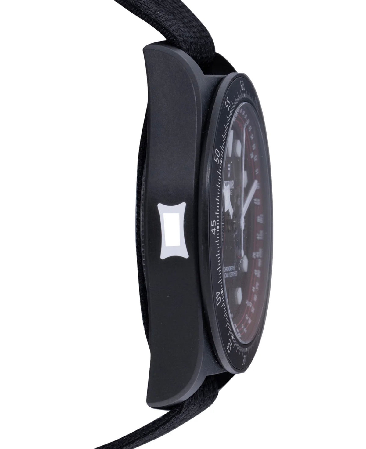 Tudor Pelagos FXD Chrono Cycling Edition M25827KN-0001, black case, dial and fabric strap, opposite-side case profile