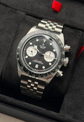 Tudor Black Bay Chrono Reverse Panda M79360N-0013 full view on black display cushion