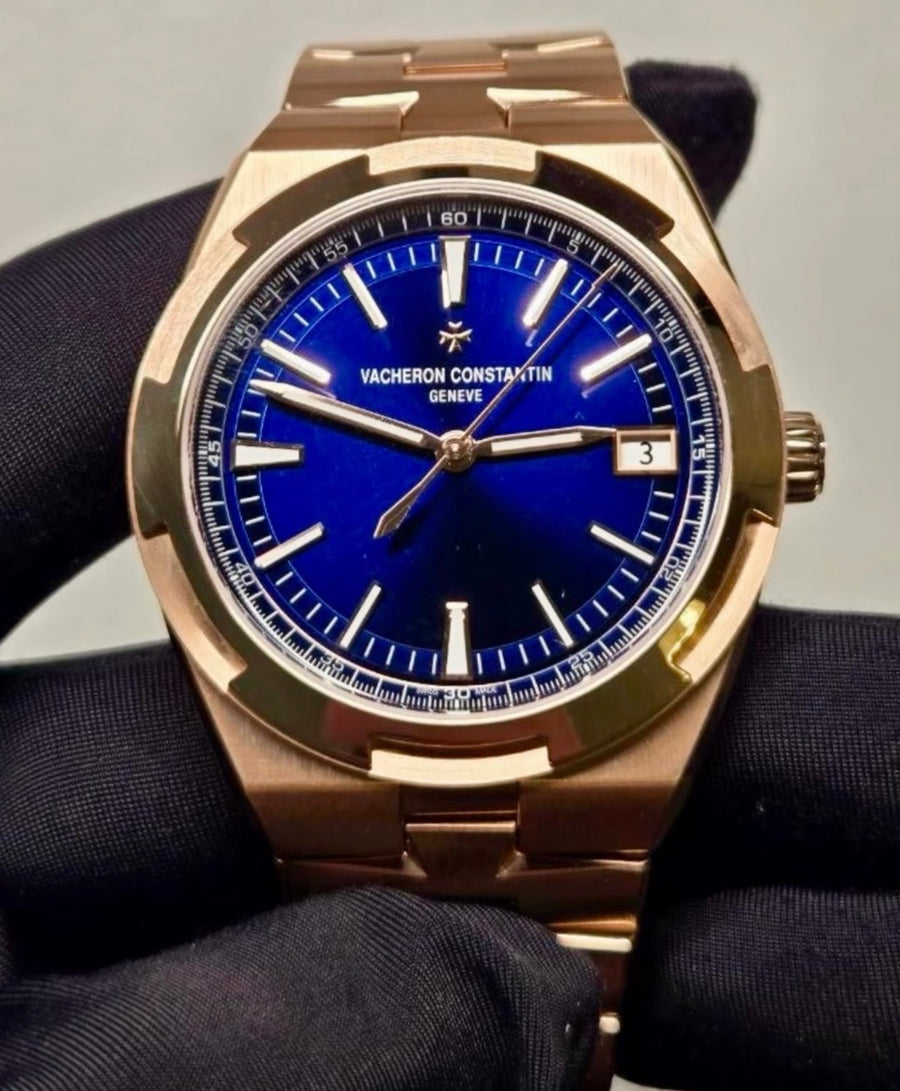 Vacheron Constantin Overseas 4520V/210R-B705 blue-dial front close-up in black-gloved hand