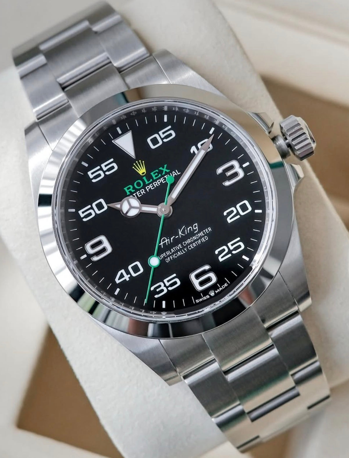 Rolex Air-King ref. 126900 with black dial on Oystersteel Oyster bracelet, angled front view