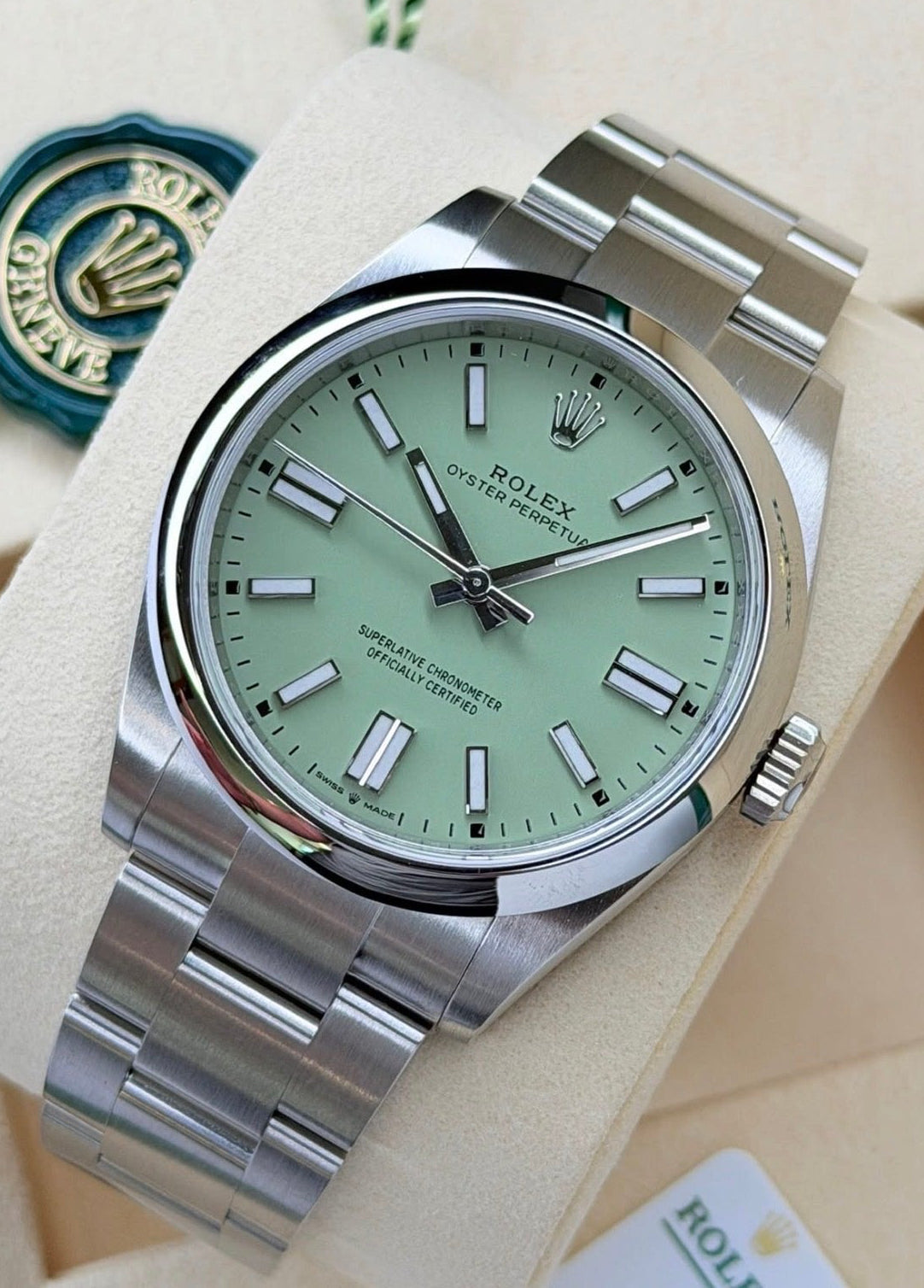 Rolex Oyster Perpetual 41 ref. 134300 with pistachio-green dial on Oystersteel Oyster bracelet, straight-on front view