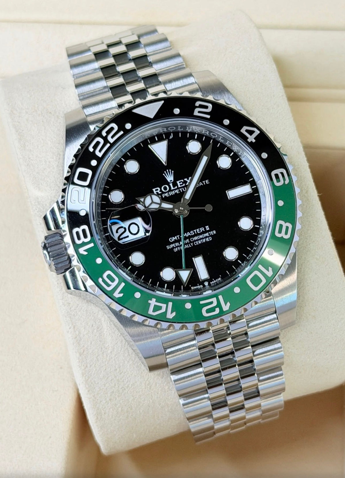 Rolex GMT-Master II ref. 126720VTNR with black dial, green-and-black Cerachrom bezel and Jubilee bracelet, left three-quarter front view