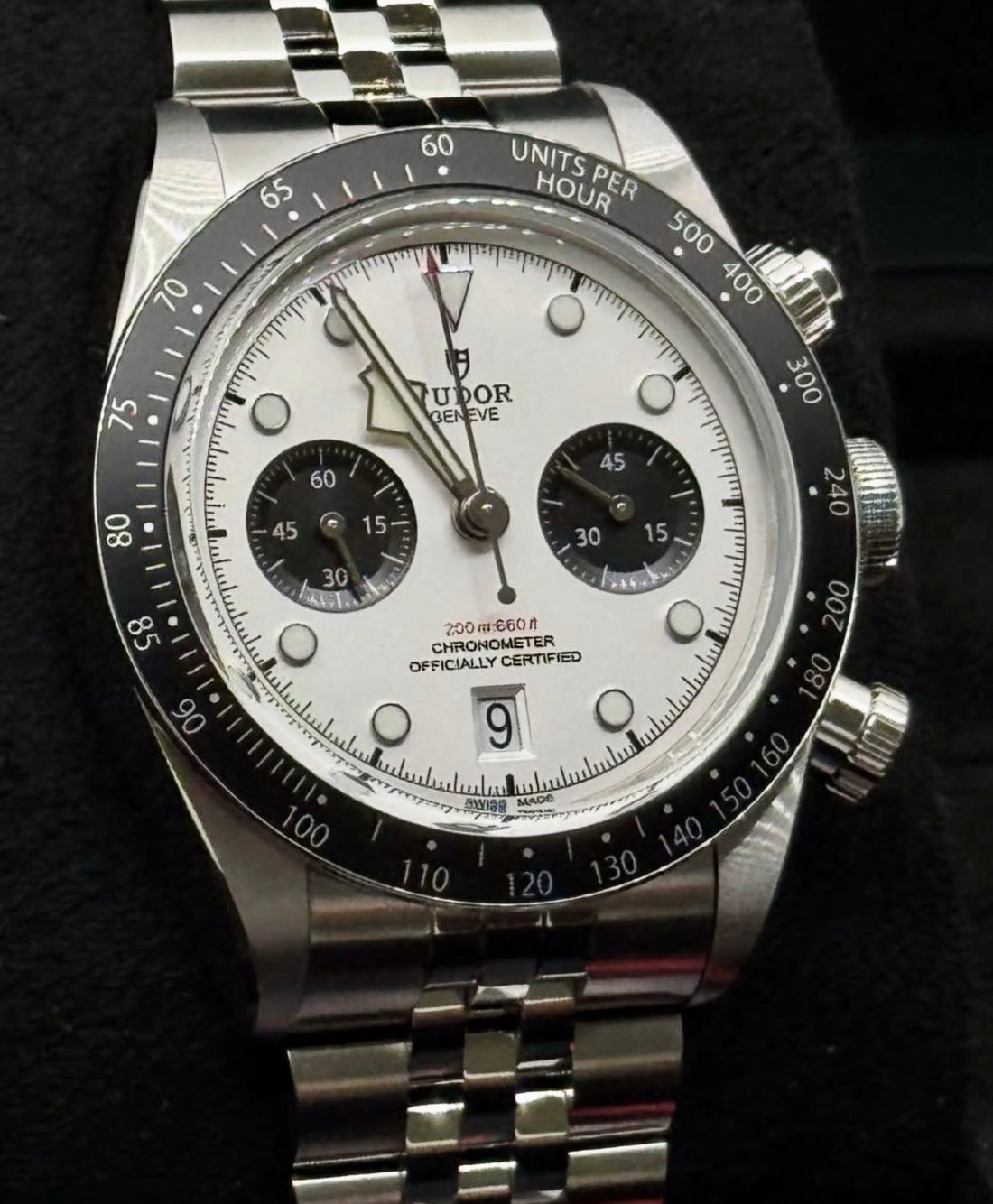 Tudor Black Bay Chrono Panda M79360N-0014 front view with opaline dial and black counters