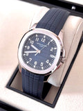 Patek Philippe Aquanaut 5168G-001 in white gold with blue embossed dial and blue composite strap, left three-quarter front view