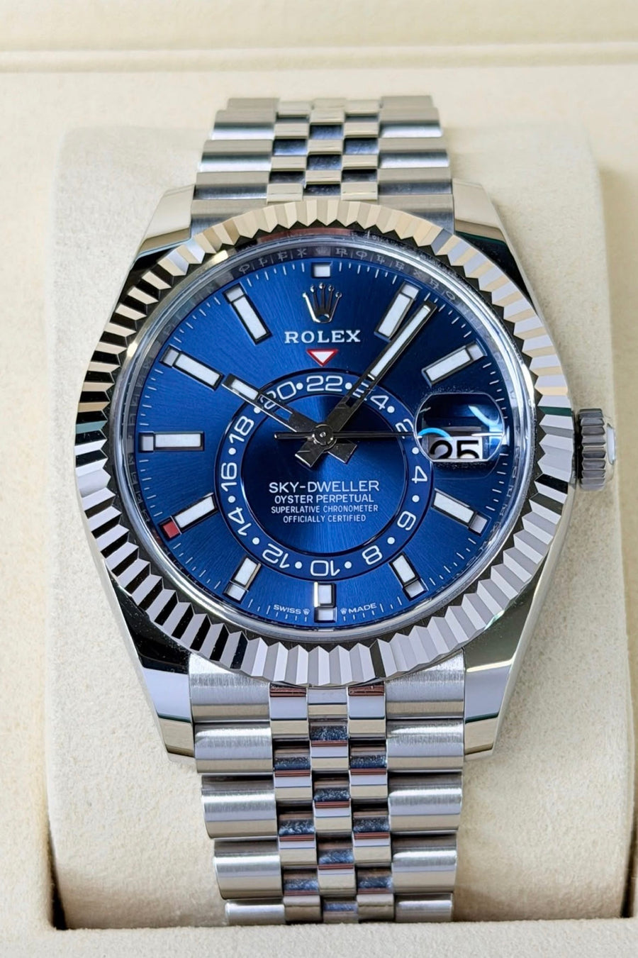 Rolex Sky-Dweller reference 336934-0006 with bright-blue dial, Oystersteel and white-gold case, and Jubilee bracelet