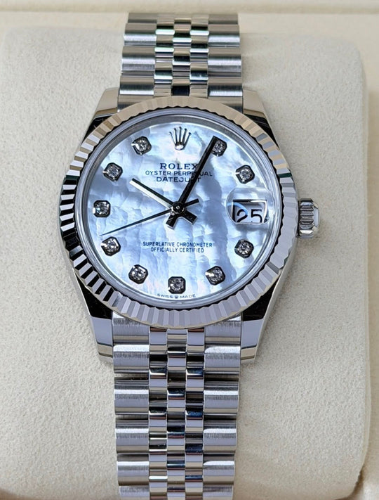 Rolex Datejust 31 Mother-of-Pearl Diamond Dial Jubilee Bracelet 278274, straight-on front view with the full Jubilee bracelet