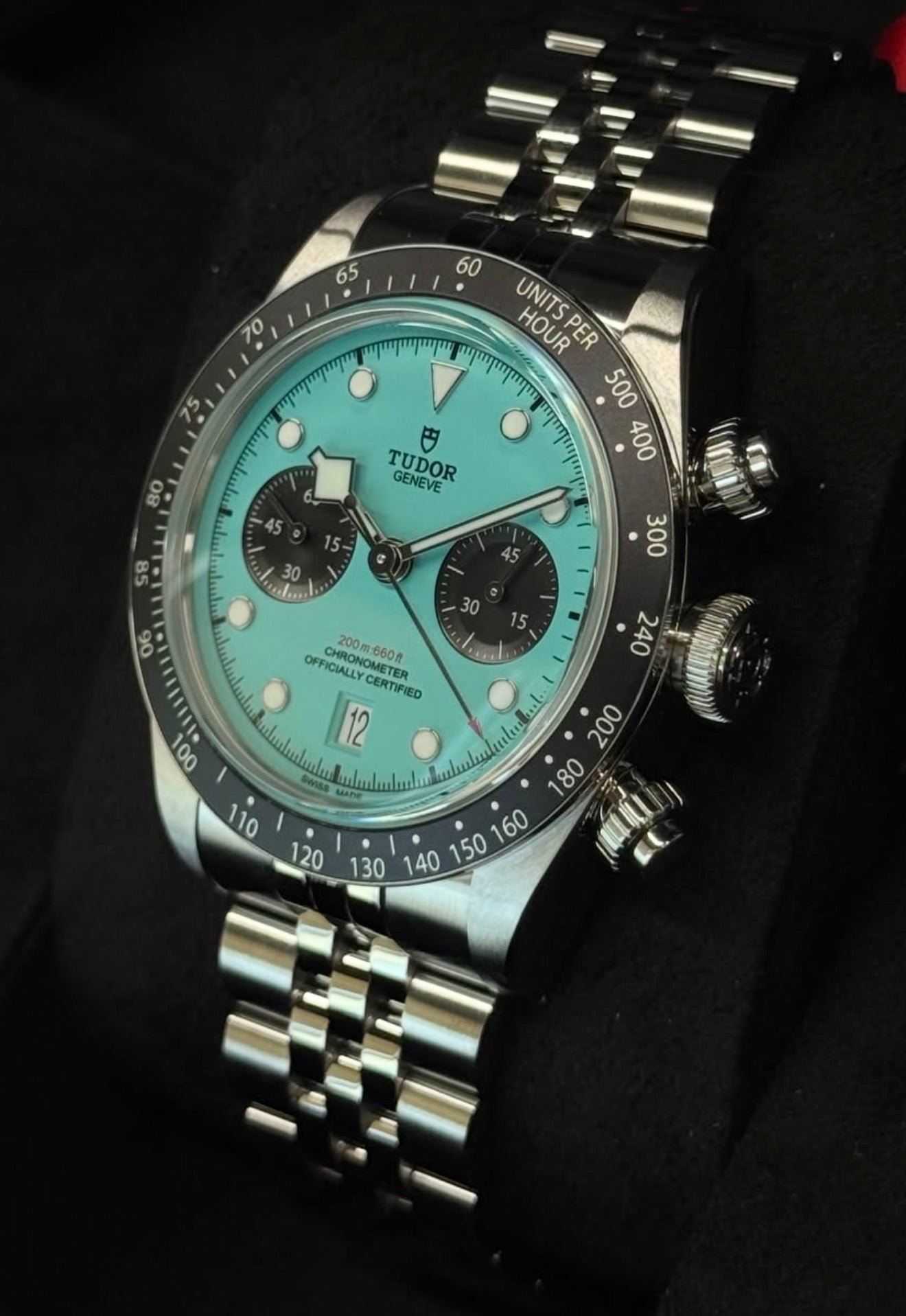Tudor Black Bay Chrono M79360N-0024 right three-quarter view with crown and pushers
