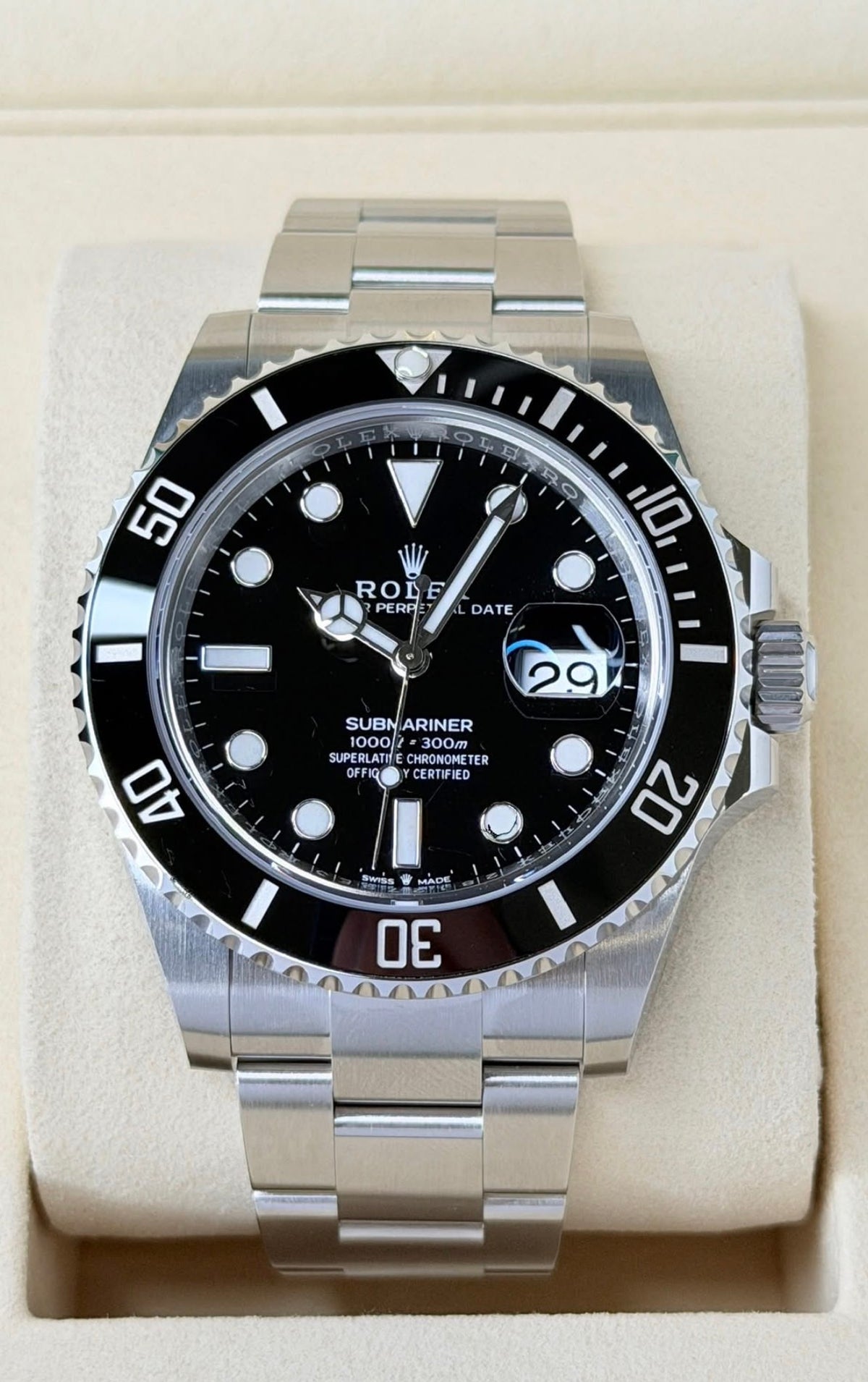 Rolex Submariner Date ref. 126610LN with black dial, black Cerachrom bezel and Oystersteel Oyster bracelet, straight-on front view