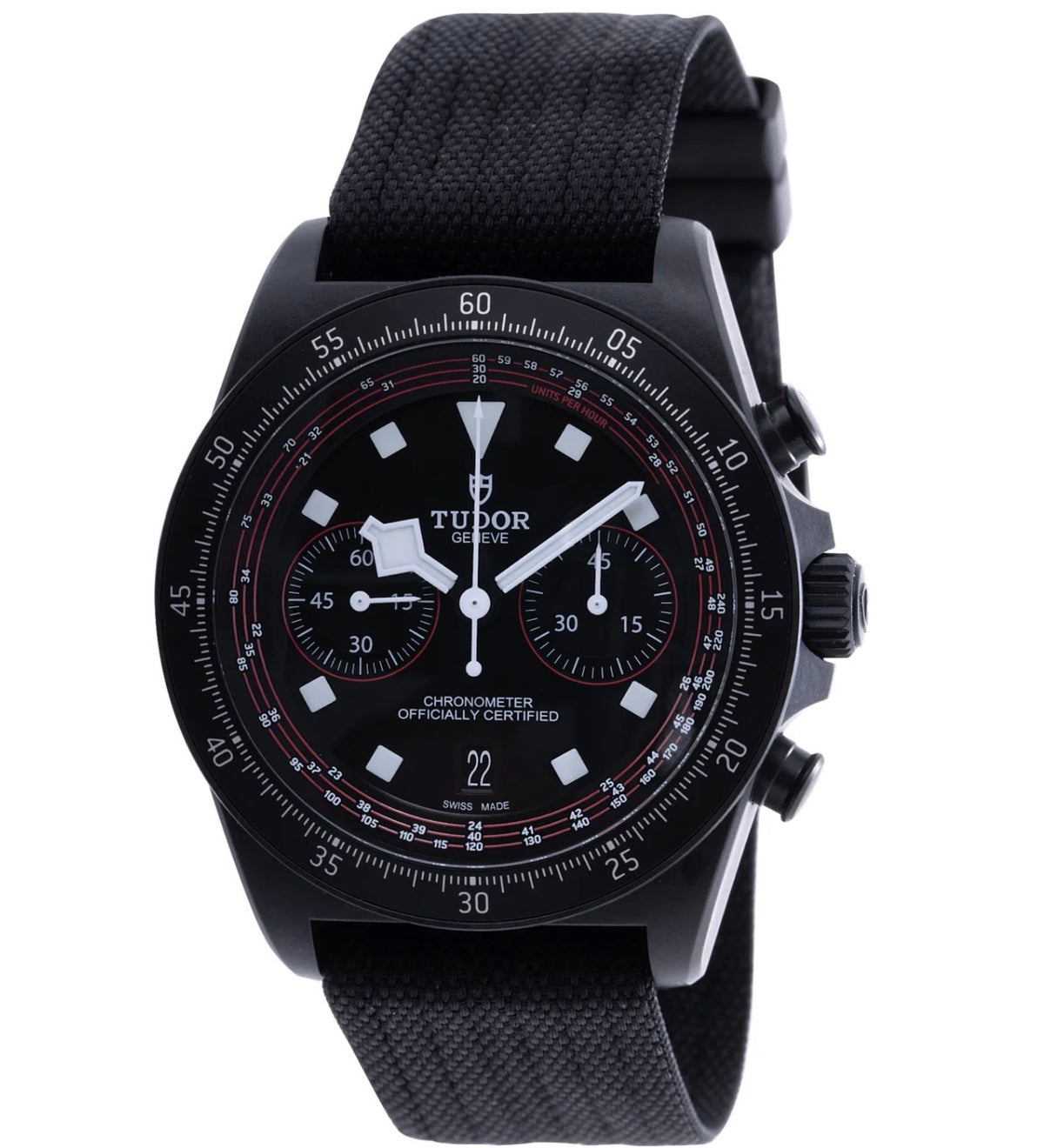 Tudor Pelagos FXD Chrono Cycling Edition M25827KN-0001, black case, dial and fabric strap, straight-on front view