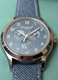 Patek Philippe Annual Calendar Moon Phases 4946G-001 with blue-gray dial, straight-on front close-up