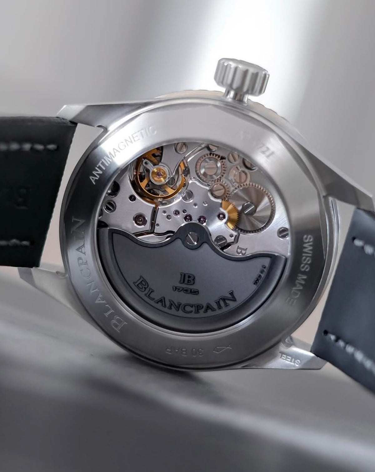 Blancpain watch 5000-1110-B52A — transparent caseback showing automatic movement