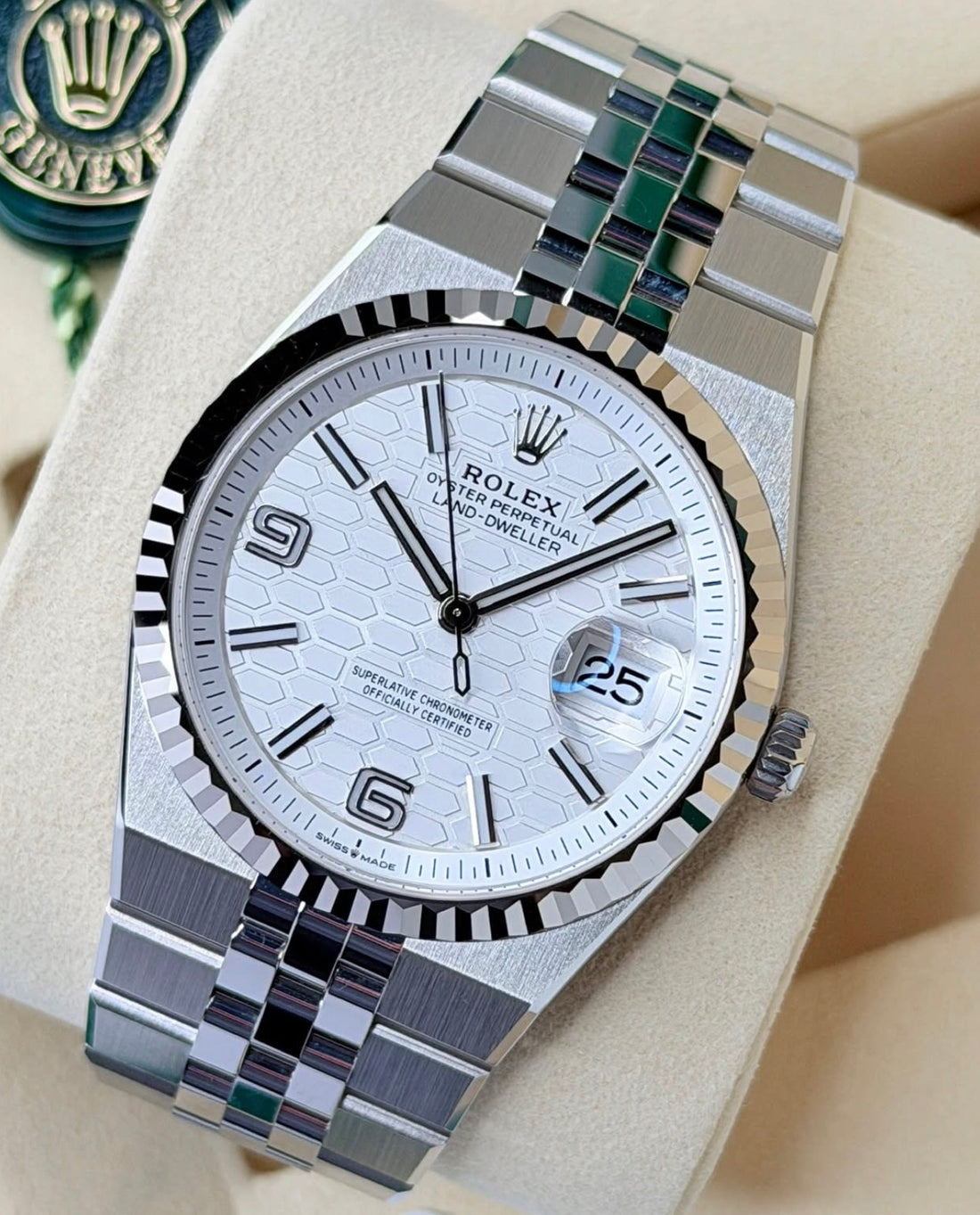 Rolex Land-Dweller 36 White Gold Oystersteel Intense White Honeycomb Motif Dial Fluted Bezel Flat Jubilee Bracelet 127234 - UNWORN 2026