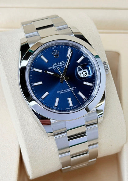 Rolex Datejust 41 Blue Dial 126300, angled front view with blue dial and Oyster bracelet
