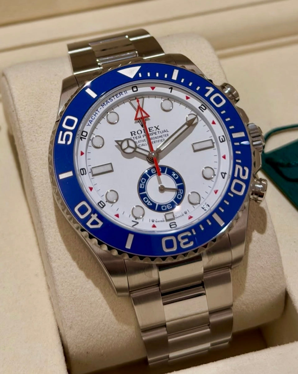 Rolex Yacht-Master II 126680 white dial and blue bezel, angled front view