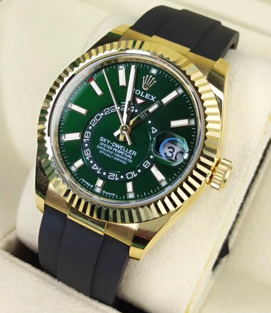 Rolex Sky-Dweller Yellow Gold 42mm Bright Green Dial Fluted Bezel Oysterflex Bracelet - 336238 -UNWORN 2026