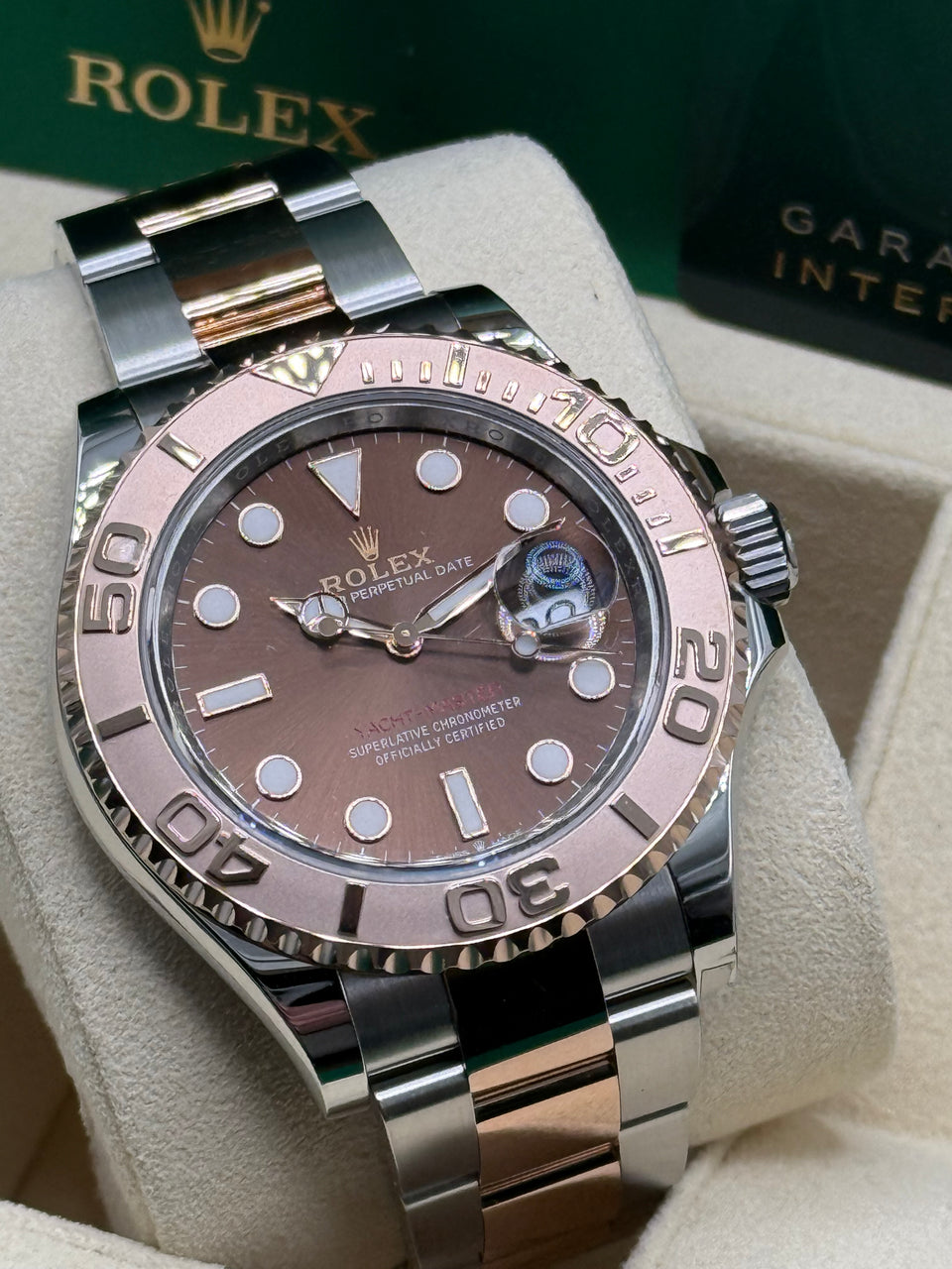 Rolex Yacht-Master 40 ref. 126621 in Everose Rolesor with chocolate dial and Oyster bracelet, straight-on front view
