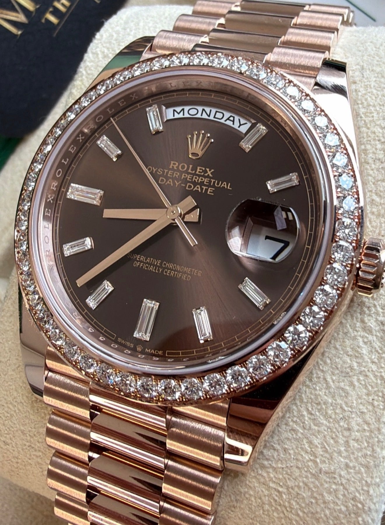 Rolex Day-Date 40 Chocolate Baguette Dial Factory Diamond Bezel 228345RBR