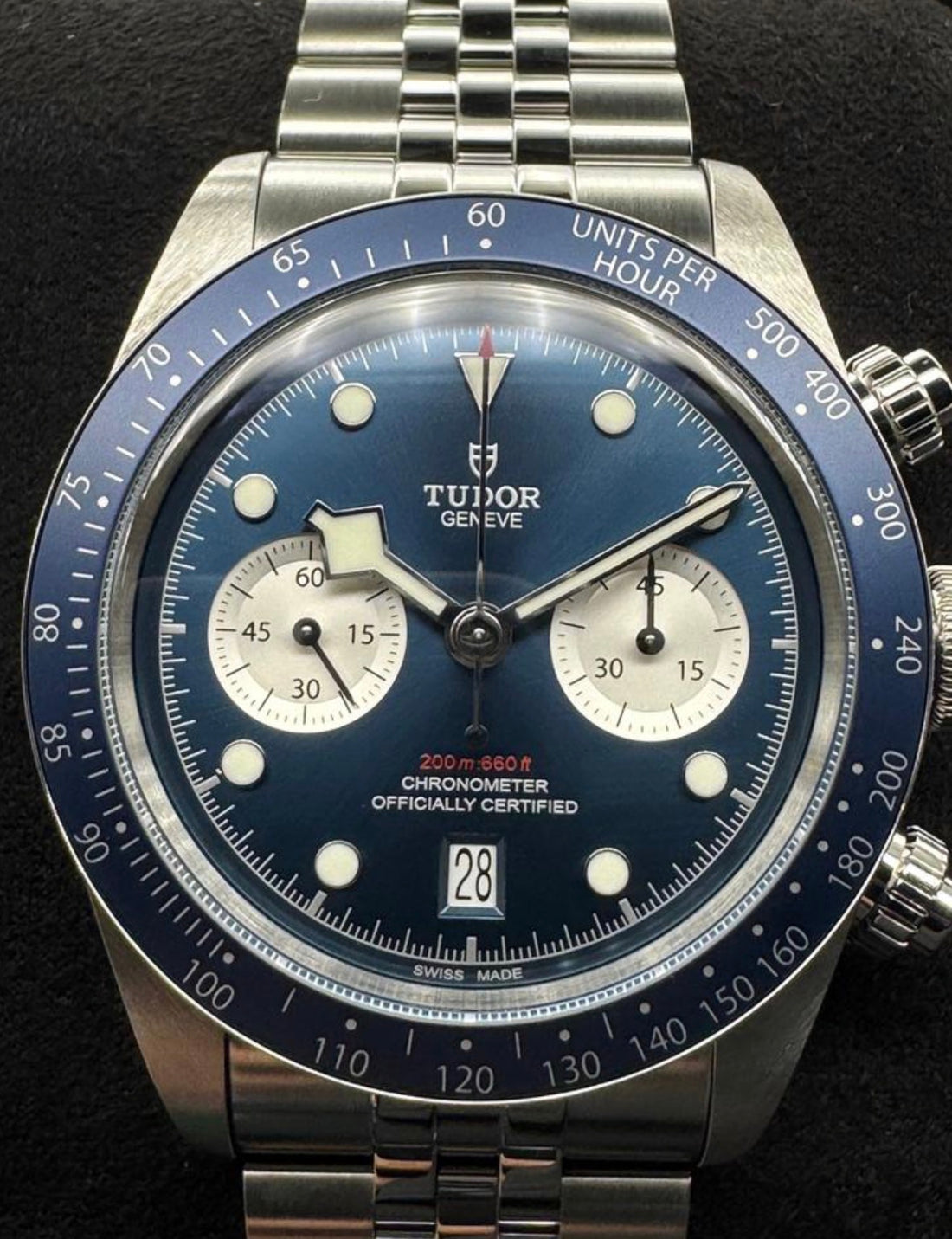 Tudor Black Bay Chrono Blue M79360B-0002 front view with Tudor Blue dial and silver counters