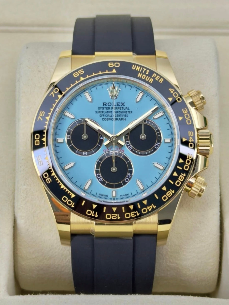 Rolex Cosmograph Daytona 126518LN turquoise blue dial with black subdials on Oysterflex, straight-on front view