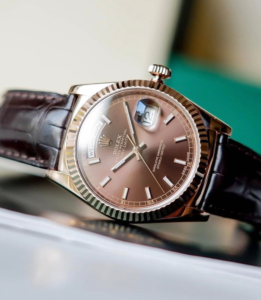 Rolex Day-Date 36mm Chocolate Index, 118135 Alligator MINT CONDITION, Rare 2020 Card