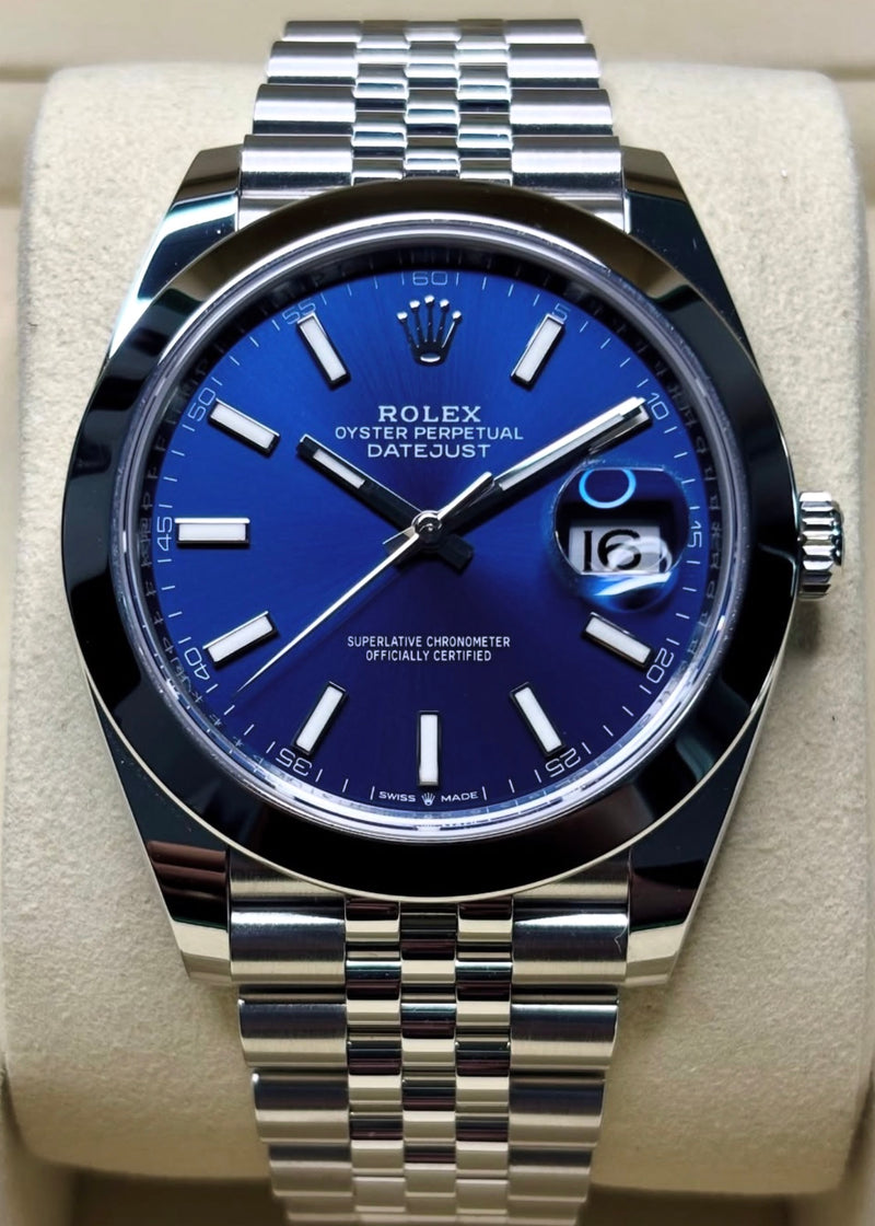 Rolex Datejust 41 reference 126300 with blue index dial, smooth bezel and Jubilee bracelet
