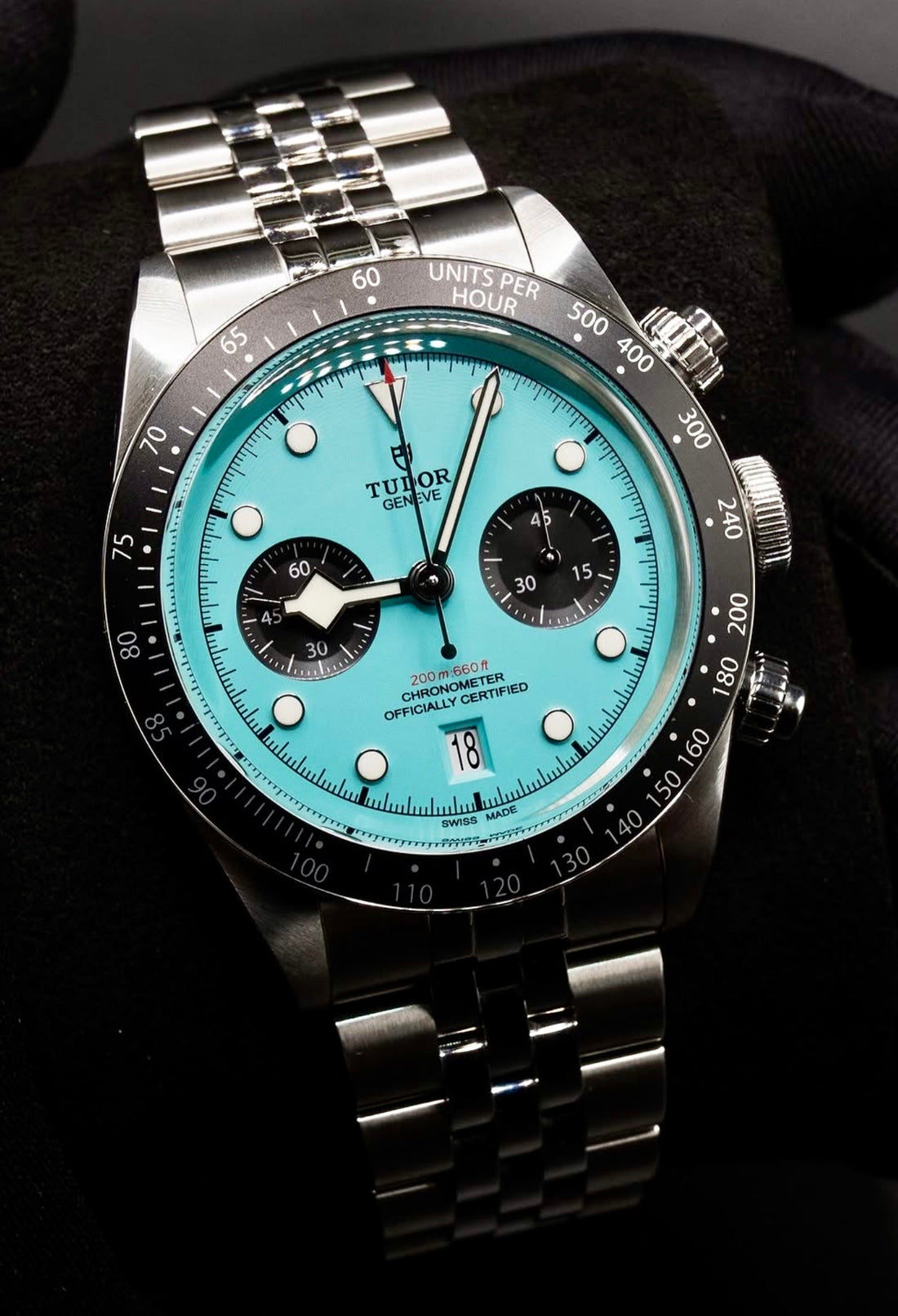 Tudor Black Bay Chrono Flamingo Blue M79360N-0024 three-quarter view with turquoise dial