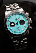 Tudor Black Bay Chrono Flamingo Blue M79360N-0024 three-quarter view with turquoise dial