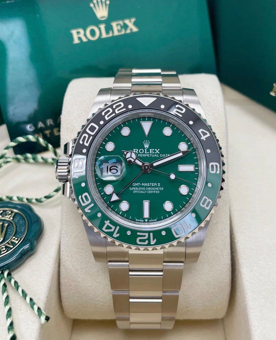 Rolex GMT-Master II 126729VTNR in white gold with green dial and black-and-green Cerachrom bezel, front view